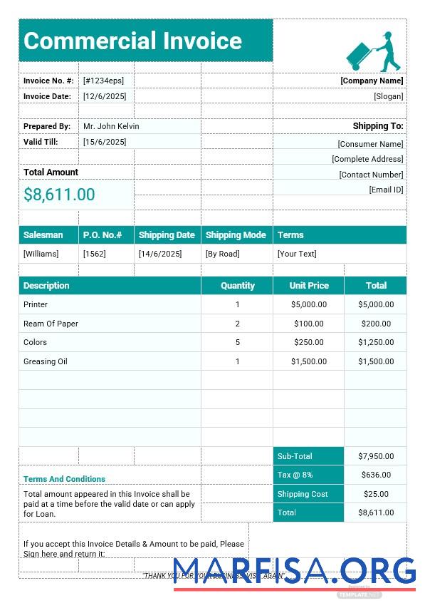 Downloadable Printable Commercial Invoice Template